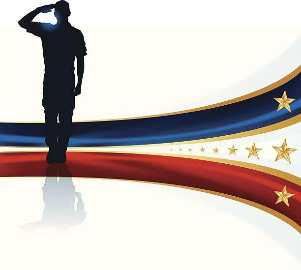 red white and blue graphic with saluting figure